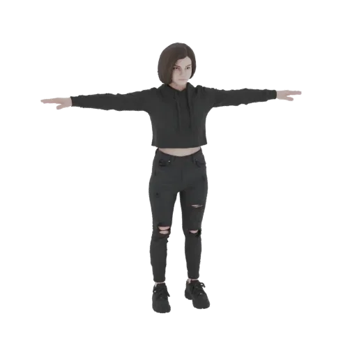 3D модель молодой девушки в T-позе, одетой в черное укороченное худи и рваные черные джинсы, с короткими темными волосами.