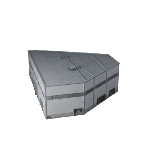3D модель склада верфи, готовая к Unity, вид из вьюпорта движка Unity, показывающий промышленные строительные материалы и арх
