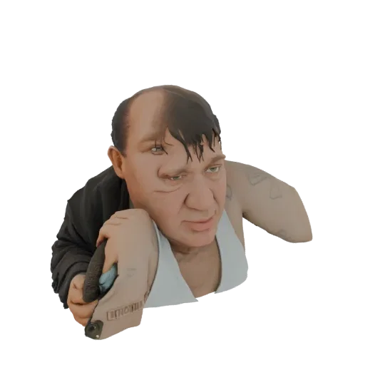 3D-модель мужчины с искаженным лицом, держащего смартфон, в черной куртке и белой футболке.