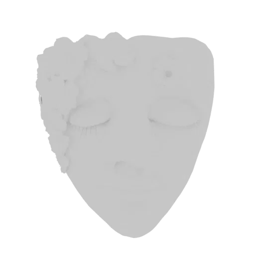 Рендер 3D модели безмятежной маски для лица с закрытыми глазами и нежными цветочными акцентами на лбу и висках.