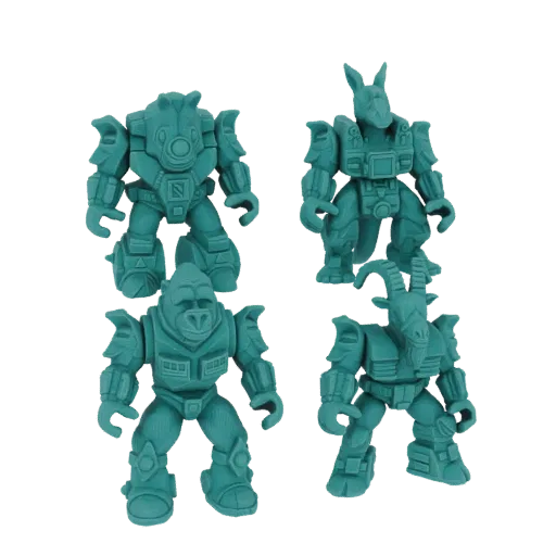 Набор из четырех бирюзовых 3D моделей роботизированных животных: медведь, кенгуру, горилла и коза, на черном фоне.