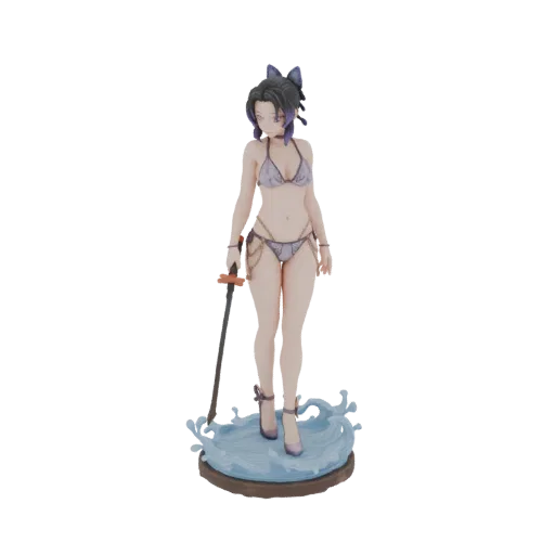 3D модель аниме девушки в бикини с мечом на подставке в виде всплеска воды.