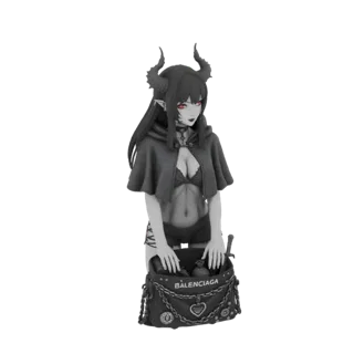 3D model of a gothic demon girl with black hair, red eyes, horns, and a black cape, holding a Balenciaga-inspired bag.