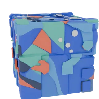 3D модель абстрактного куба с геометрическим узором из синих, зеленых и оранжевых полигонов на белом фоне