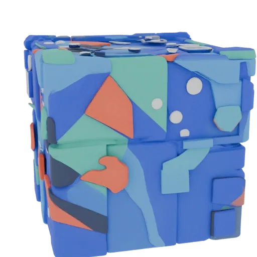 3D модель абстрактного куба с геометрическим узором из синих, зеленых и оранжевых полигонов на белом фоне
