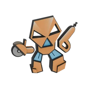 3D model of an orange geometric robot with sharp angles, holding a circular saw and a gun, with blue accents on its legs.
