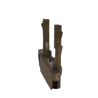 3D модель потертого механического компонента с текстурированным основанием и двумя вертикальными стержнями, представленная на