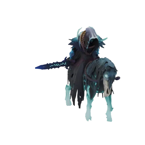 3D модель призрачного всадника в темном плаще и капюшоне, на призрачной лошади со светящимися синими глазами, держащего зазуб