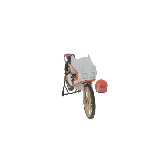 3D модель винтажного бело-оранжевого гоночного мотоцикла на черной подставке, рядом красный шлем