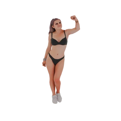3D модель женщины в черном бикини, напрягающей бицепс, с белыми кроссовками, на белом фоне.