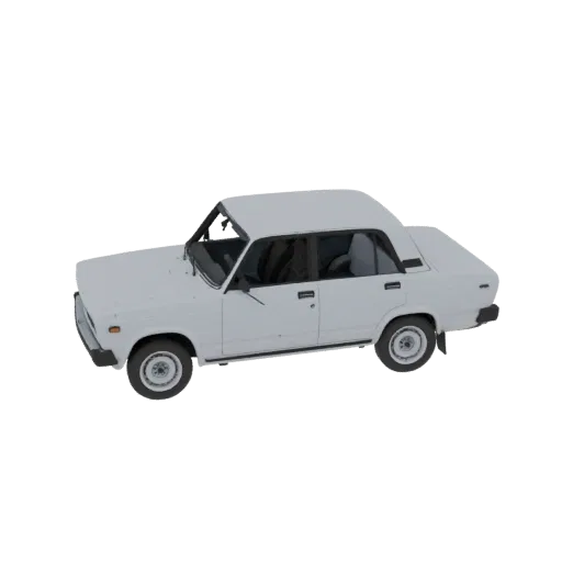 3D модель белого седана, вид с трехчетвертного ракурса, изолированная на белом фоне.