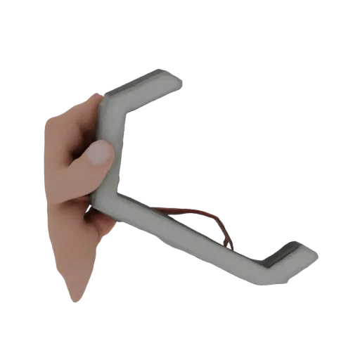 3D-рендер реалистичной человеческой руки, держащей футуристический угловатый металлический кронштейн с красными проводами.