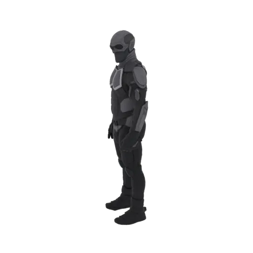Вид сбоку 3D модели Черный Нуар, темный, бронированный sci-fi персонаж в шлеме.