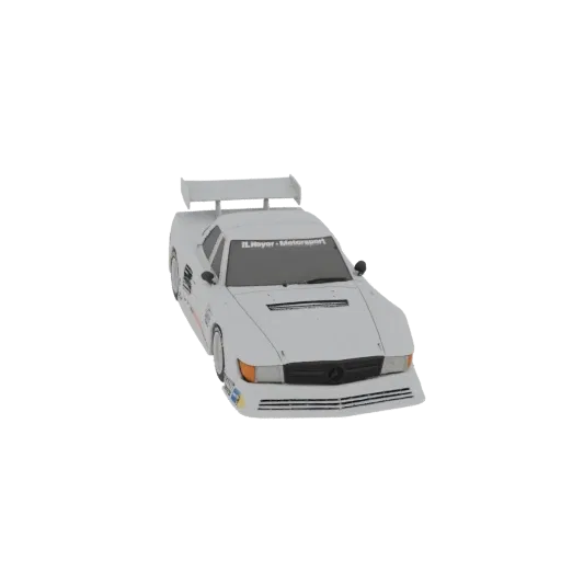 3D модель белого гоночного автомобиля Mercedes-Benz 190E 2.3-16 DTM с большим задним спойлером и гоночными наклейками.