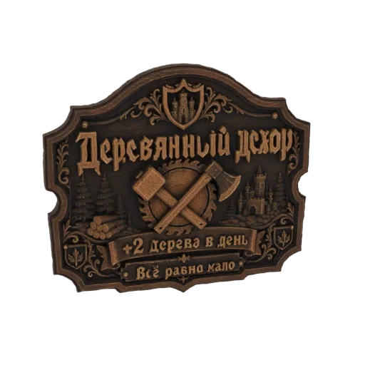3D модель деревенского деревянного знака с резными молотком, топором, пилой, замками и русским текстом.