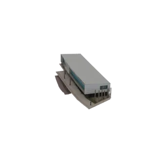 3D модель современного длинного белого здания с большими синими стеклянными окнами, приподнятого на основании с дорожкой.