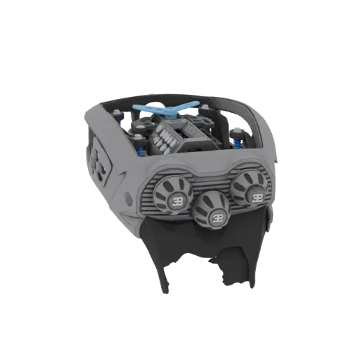 3D модель футуристичного серого двигателя гиперкара с видимыми механическими частями и синими акцентами на белом фоне.