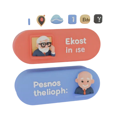 3D-модель ретро-телефона с портретами пожилых мужчин и надписями, имитирующими ИИ-интерфейс, выполненная в красном и синем цв
