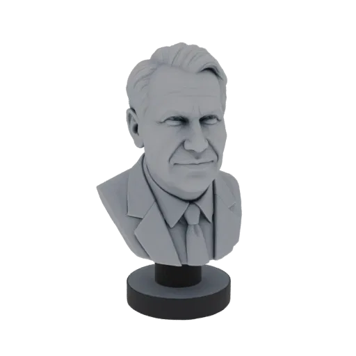 3D рендер бюста классического джентльмена в костюме и галстуке, на темном круглом основании.
