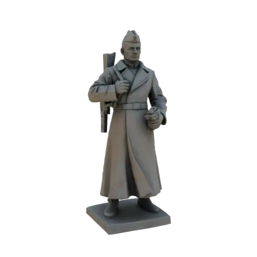 3D модель серого советского солдата в форме с букетом цветов, стоящего на основании.