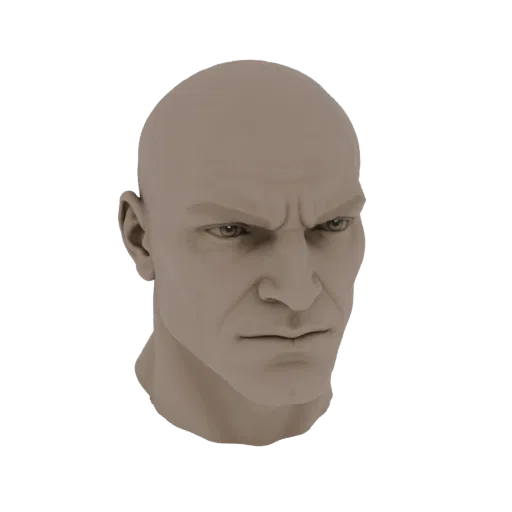 3D модель головы лысого мужчины с агрессивным выражением лица и нахмуренными бровями, представленная в нейтральном глиняном м