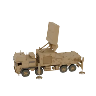 3D модель мобильной РЛС в пустынной окраске на военном грузовике, с поднятой антенной.