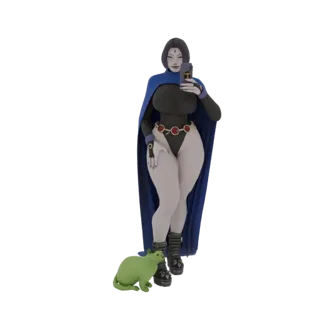 3D модель Ворона, делающего селфи с зеленым котом, в ее культовом плаще и костюме.