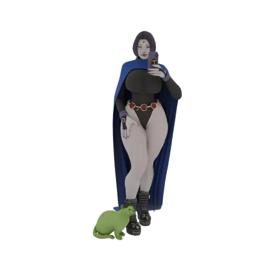 3D модель Ворона, делающего селфи с зеленым котом, в ее культовом плаще и костюме.
