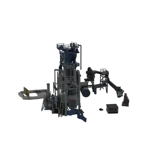 3D модель сложного промышленного завода с уровнями, трубами и оборудованием на белом фоне.