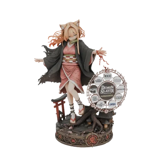3D модель Незуко Камадо из Demon Slayer с кошачьими ушками, в розовом кимоно и темном хаори, стоящая на детализированной подс