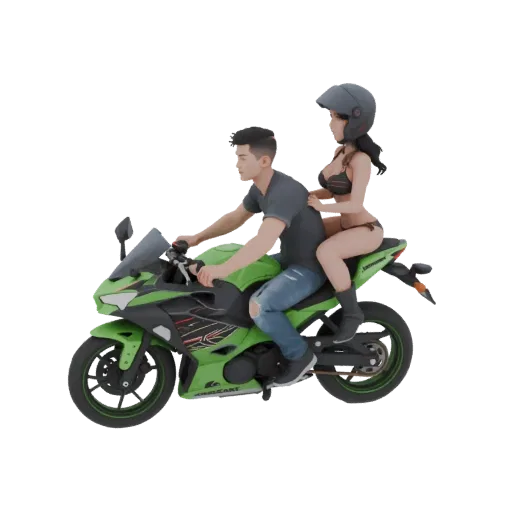 3D модель пары, мужчины и девушки, на ярко-зеленом спортивном мотоцикле Kawasaki Ninja 400, на черном фоне