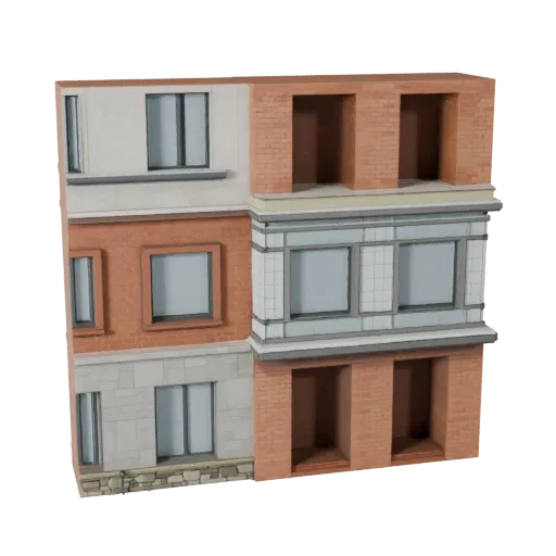 Стилизованный 3D модель модульного фасадного комплекта, изометрический вид стилизованной игровой среды, показывающий материал
