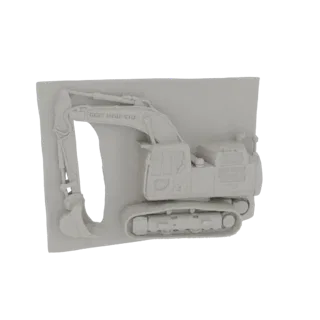 Рендер 3D модели детализированного строительного экскаватора с гусеницами, стрелой и ковшом.