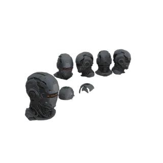 3D модель футуристического кибернетического шлема с сегментированной броней и светящимися оранжевыми оптическими сенсорами на