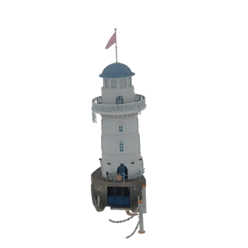 3D модель белого маяка с синим куполом, красным флагом и каменным основанием, с синими двойными дверями и декоративными перил