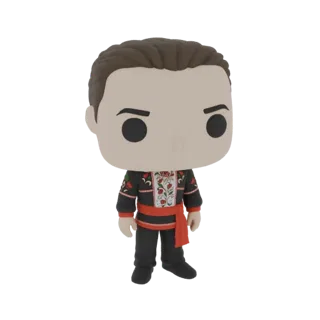 3D-модель фигурки в стиле Funko Pop! в традиционном народном костюме с красно-бело-зеленой вышивкой и красным поясом.