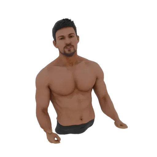 3D модель мускулистого мужчины с темными волосами и уверенным выражением лица, стоящего с слегка отведенными руками.