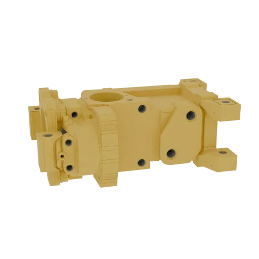 3D модель желтого промышленного редуктора с видимыми болтами и механическими компонентами на черном фоне.