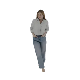 3D-модель женщины с светлыми волосами, в светлой рубашке на пуговицах и синих джинсах, идущей с руками в карманах.