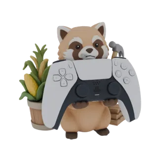 3D-модель милого персонажа красной панды, держащего белый контроллер PlayStation 5, с початками кукурузы и книгами на заднем