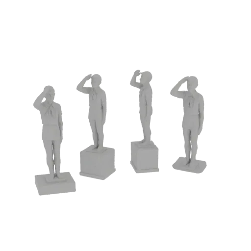 Предварительный просмотр 3D модели четырех фигурок скаутов в салютующей позе, стоящих на индивидуальных подставках, отрисован