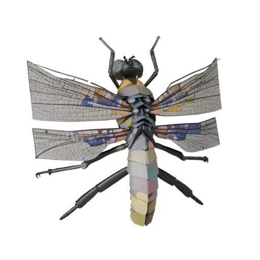 3D модель Dragonfly, вид сбоку в игровом ракурсе, готовый для Unity ассет животного с разделением грудной клетки, ритмом коне