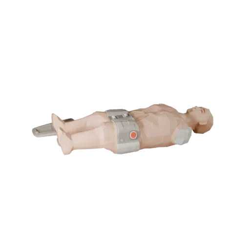 Низкополигональная 3D-модель манекена для СЛР, вид в игровом окне в три четверти, показывающий нейтральный пластик, детали фо