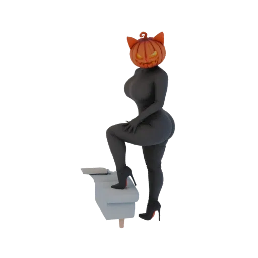 3D модель женщины с головой-тыквой и кошачьими ушами, в темном костюме и туфлях, позирующая на кушетке.