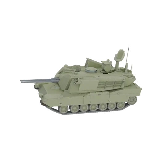 3D модель современного основного боевого танка с песочной отделкой, показанная сбоку на черном фоне.