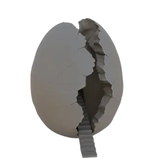 3D модель треснувшего яйца с лестницей, ведущей внутрь, на белом фоне.