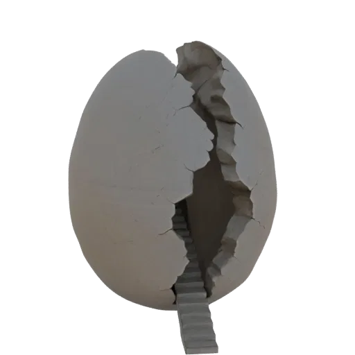 3D модель треснувшего яйца с лестницей, ведущей внутрь, на белом фоне.