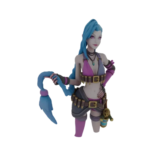 3D-модель Джинкс из League of Legends, изображенная в аниме-стиле с синими косами и фирменным нарядом, в динамичной позе.