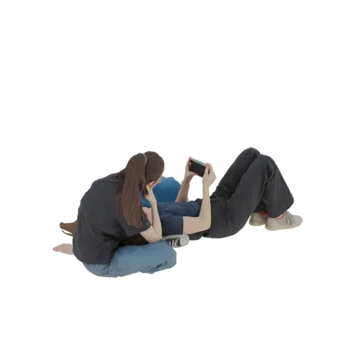 3D модель двух человек, сидящих вместе, один держит портативную игровую консоль, оба смотрят на экран.