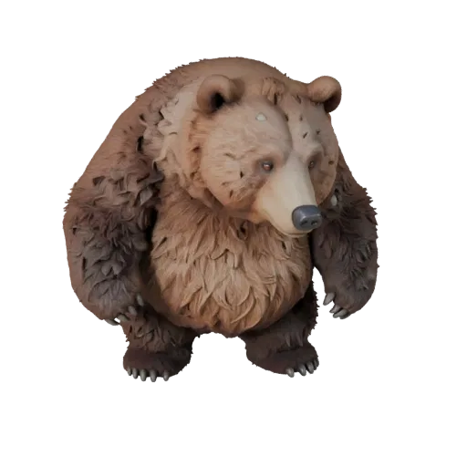 Мультяшная 3D-модель медведя гризли, вид сбоку, стилизованный ассет животного с густыми клочками шерсти, объемом лап, массивн